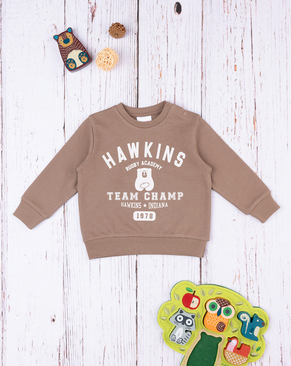 βρεφική μπλούζα φούτερ καφέ hawkins για αγόρι - Prénatal