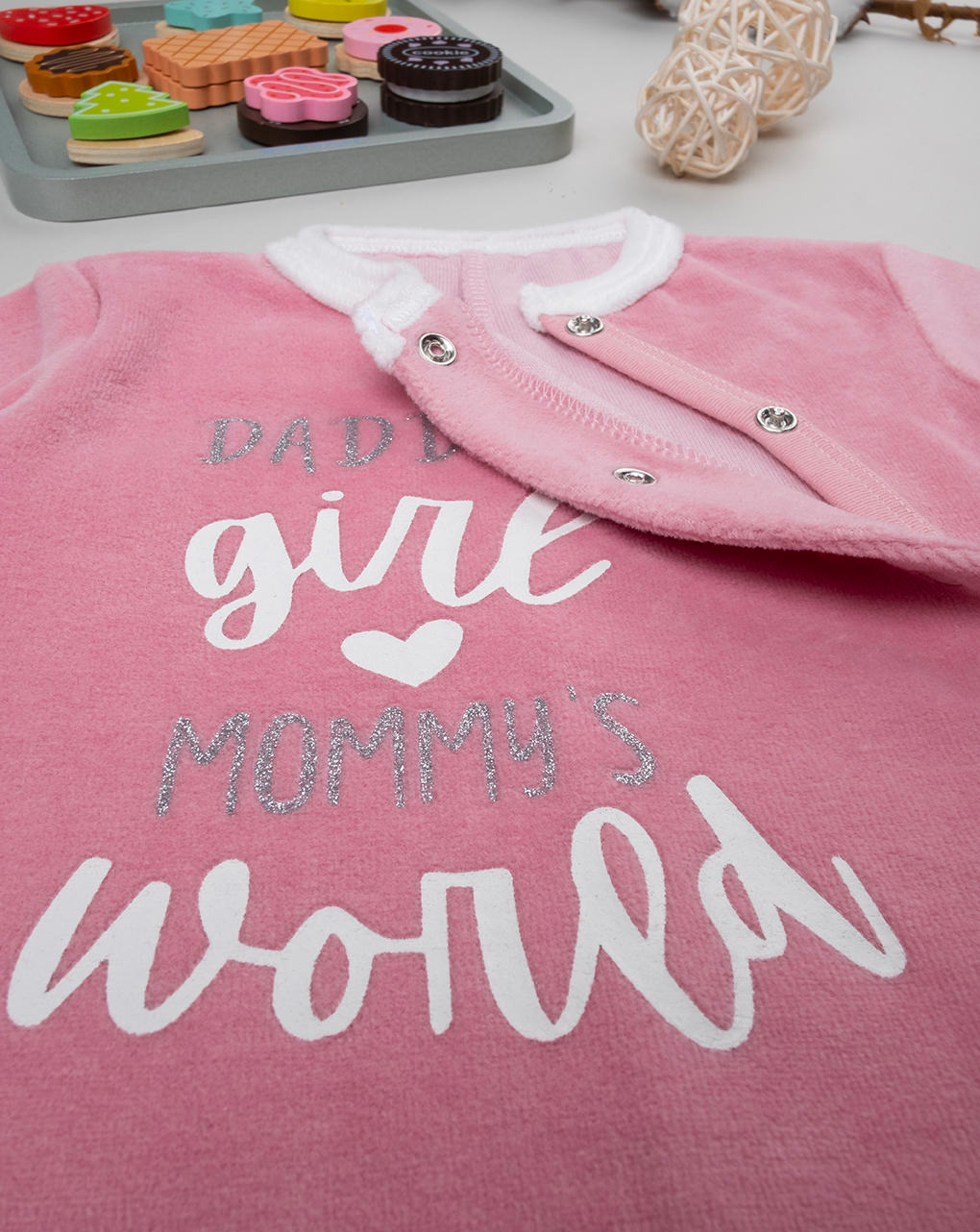 βρεφικό φορμάκι σενίλ ροζ mom and dad για κορίτσι - Prénatal