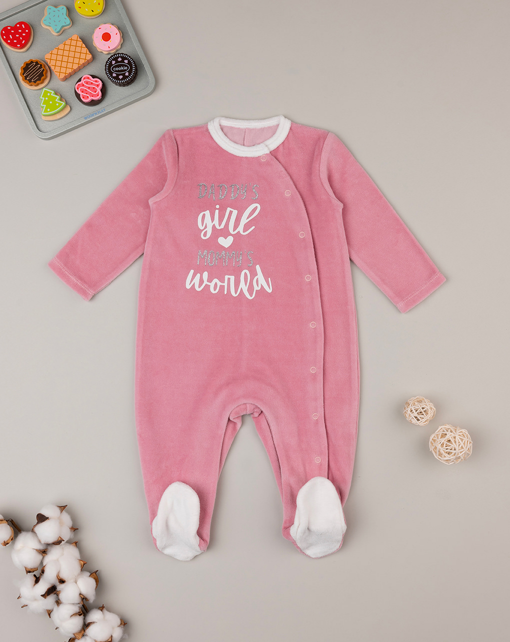 βρεφικό φορμάκι σενίλ ροζ mom and dad για κορίτσι - Prénatal