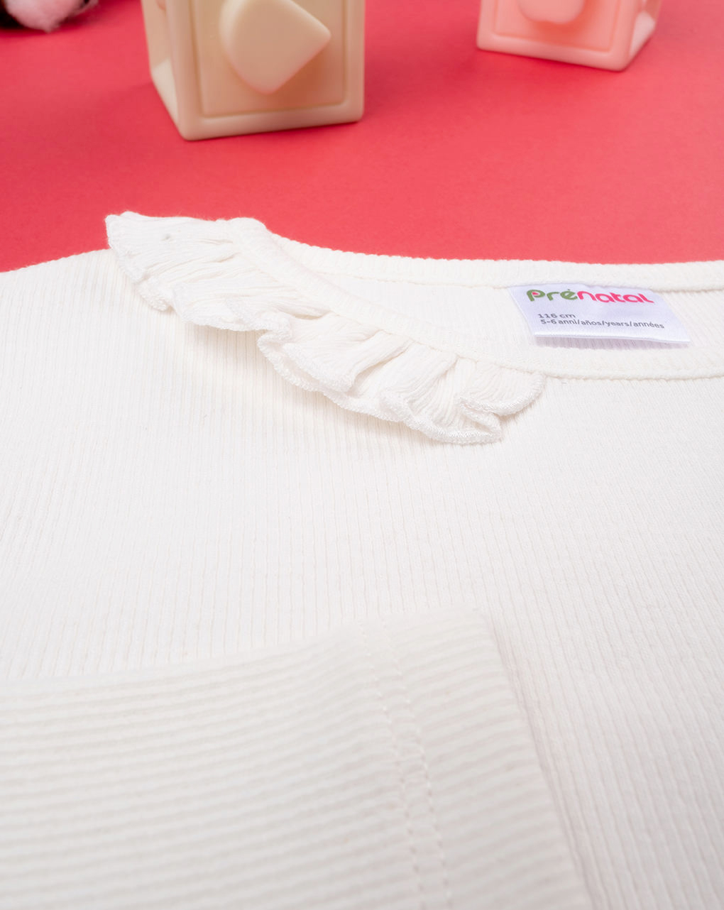 παιδική μπλούζα ριμπ λευκή με βολάν για κορίτσι - Prénatal