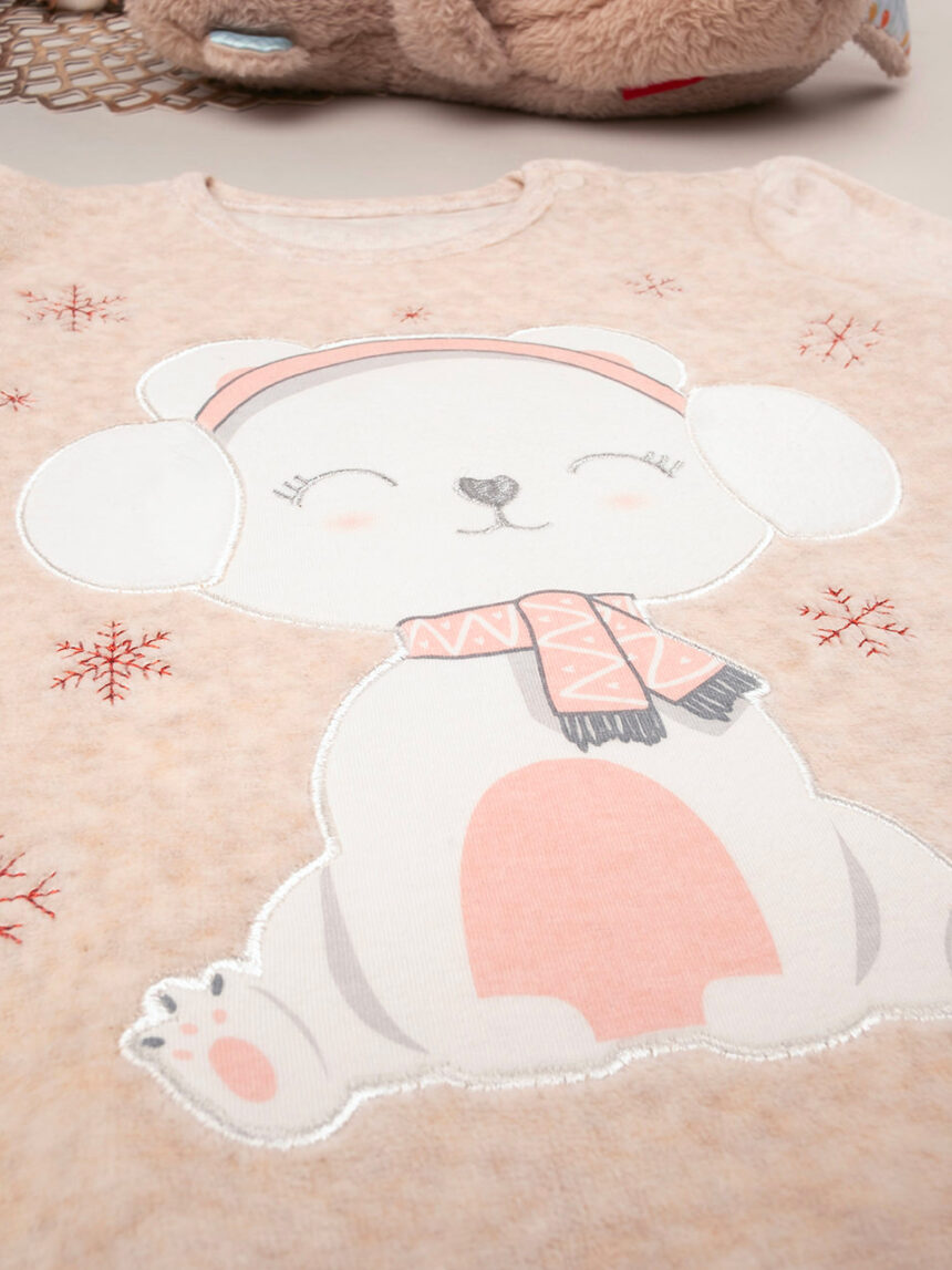 βρεφική πιτζάμα σενίλ μπεζ με αρκουδάκι για κορίτσι - Prénatal