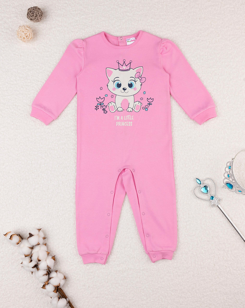 βρεφική ολόσωμη πιτζάμα ροζ με γατάκι για κορίτσι - Prénatal