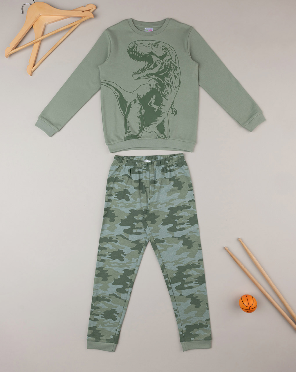 παιδική πιτζάμα χακί με δεινόσαυρο για αγόρι