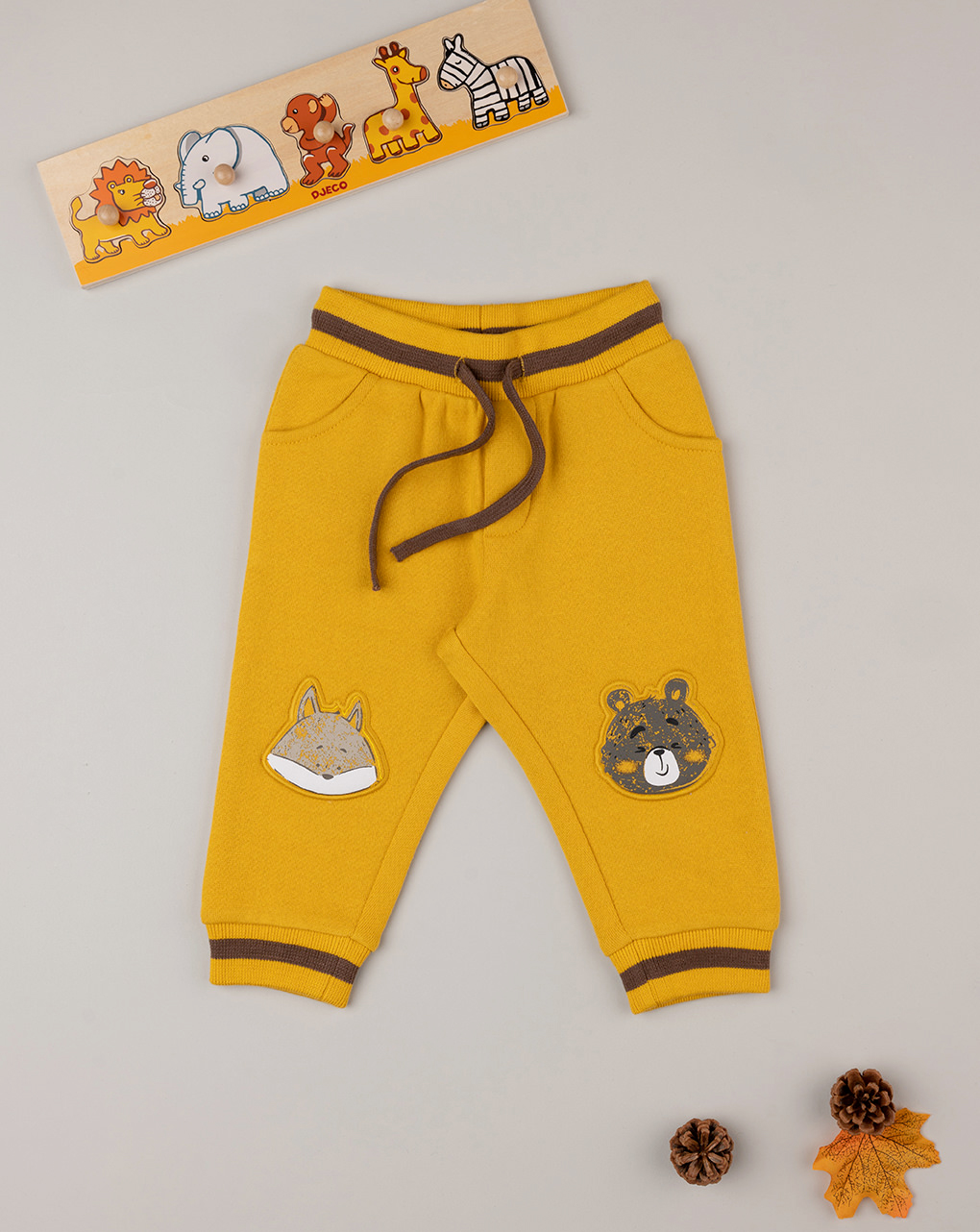 βρεφικό παντελόνι φούτερ κίτρινο με ζώα δάσους για αγόρι