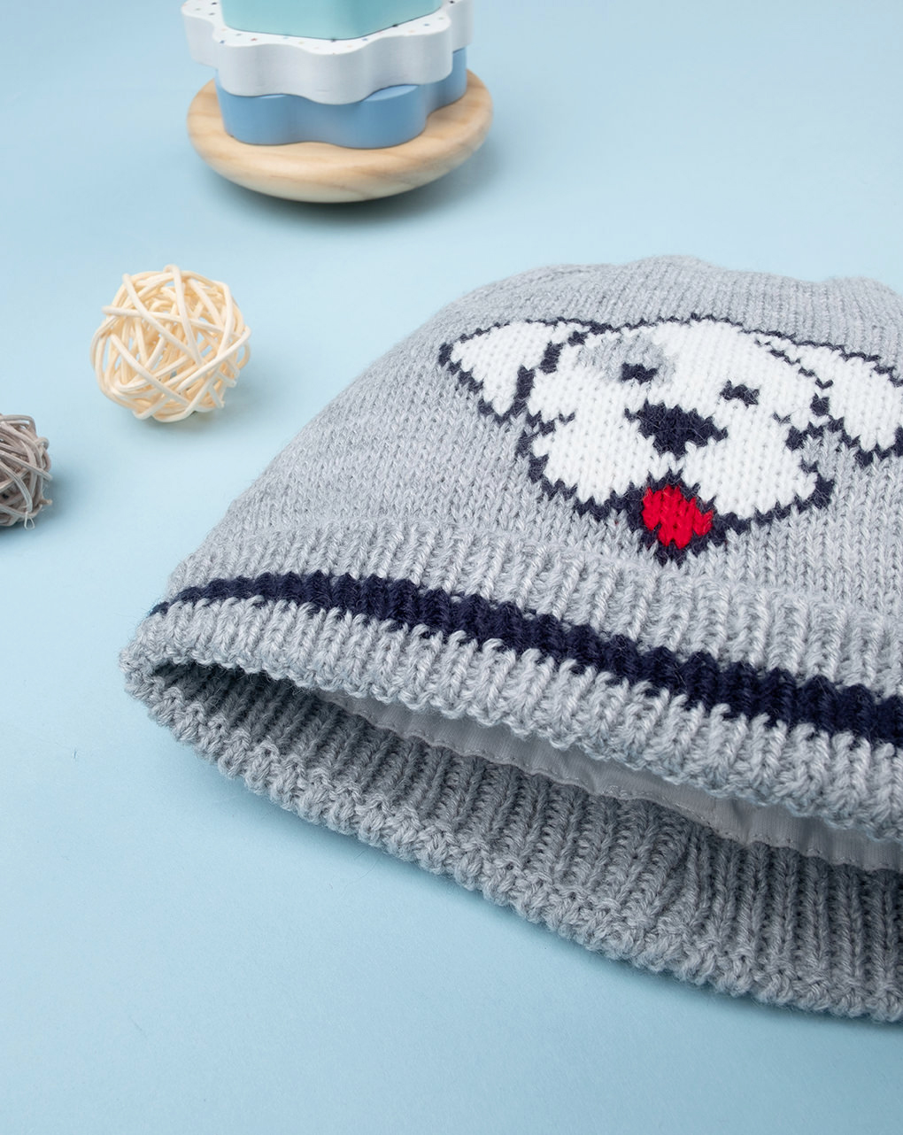 βρεφικό πλεκτό σκουφάκι γκρι με σκυλάκι για αγόρι - Prénatal