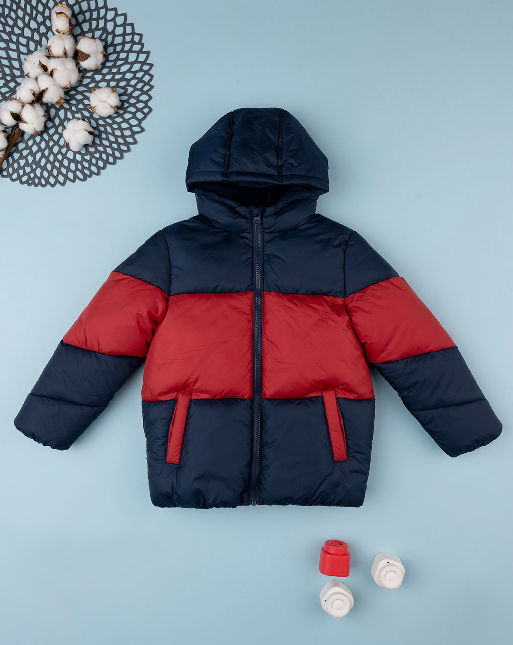 παιδικό μπουφάν φουσκωτό colorblock μπλε/κόκκινο για αγόρι - Prénatal