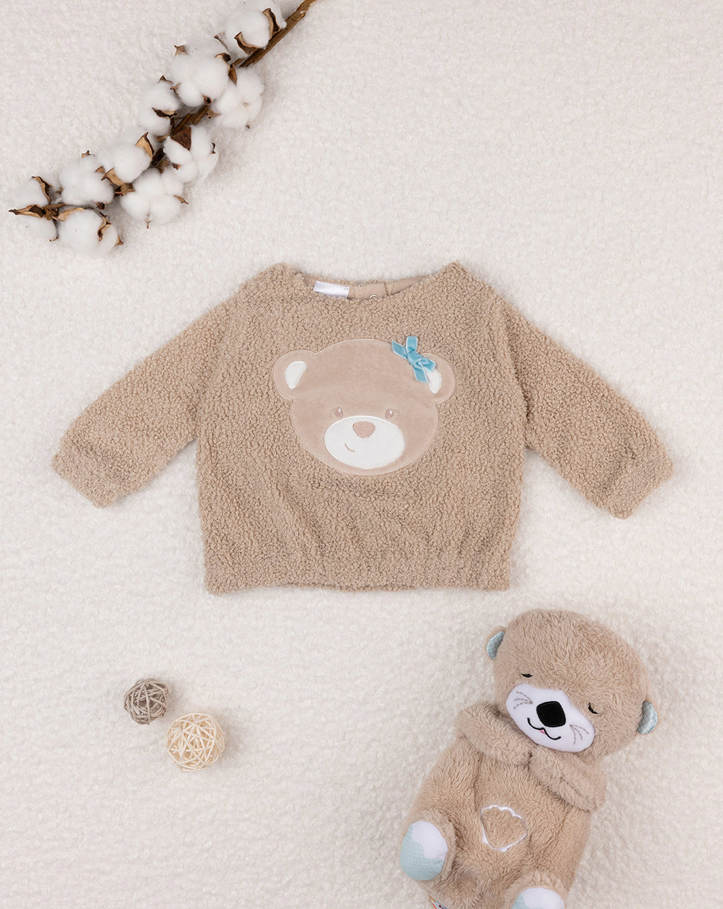 βρεφική μπλούζα φούτερ μπουκλέ καφέ teddy για κορίτσι - Prénatal