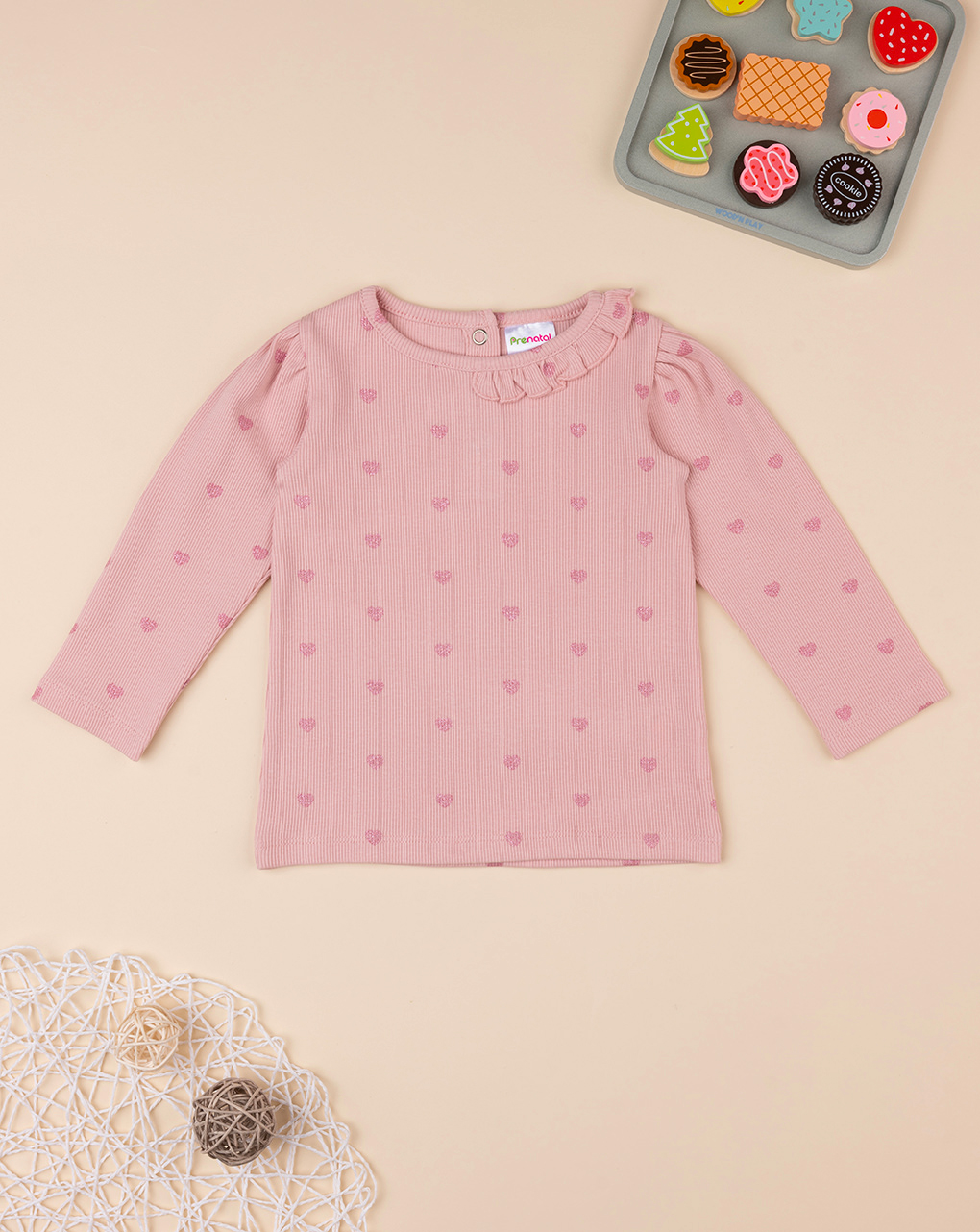 βρεφική μπλούζα ριμπ ροζ με καρδούλες για κορίτσι