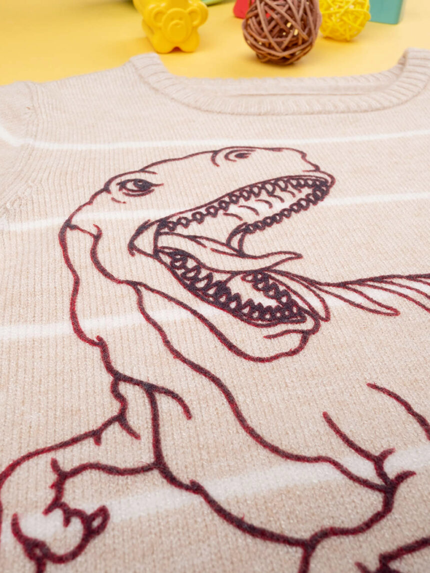 παιδικό πουλόβερ μπεζ ριγέ με δεινόσαυρο για αγόρι - Prénatal