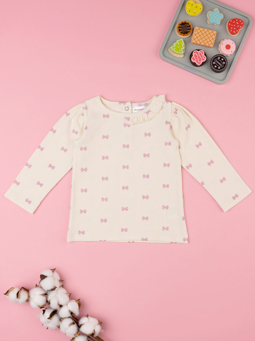 βρεφική μπλούζα ριμπ κρεμ με φιογκάκια για κορίτσι - Prénatal