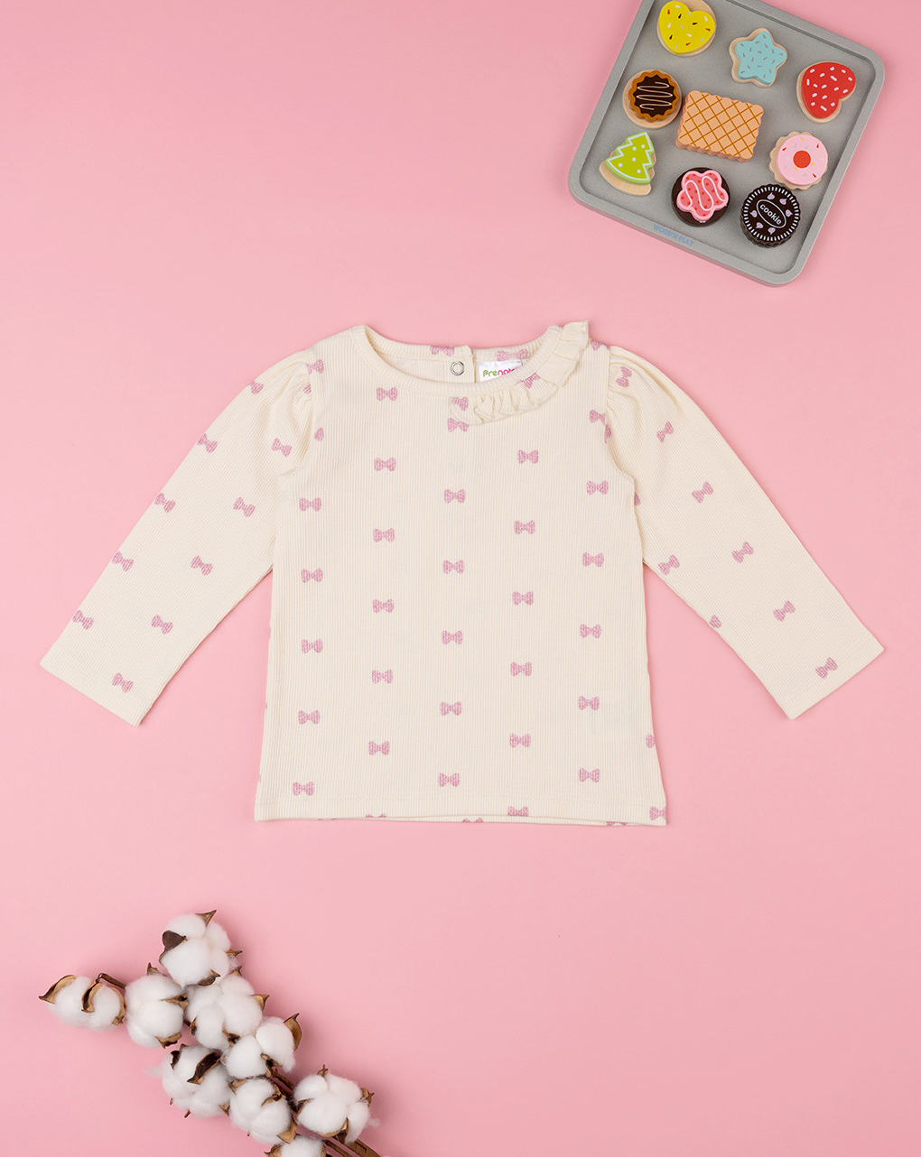 βρεφική μπλούζα ριμπ κρεμ με φιογκάκια για κορίτσι - Prénatal