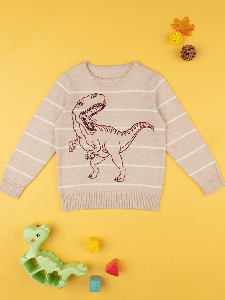 παιδικό πουλόβερ μπεζ ριγέ με δεινόσαυρο για αγόρι - Prénatal