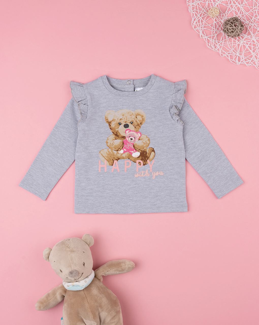 βρεφική μπλούζα φούτερ γκρι teddy για κορίτσι - Prénatal