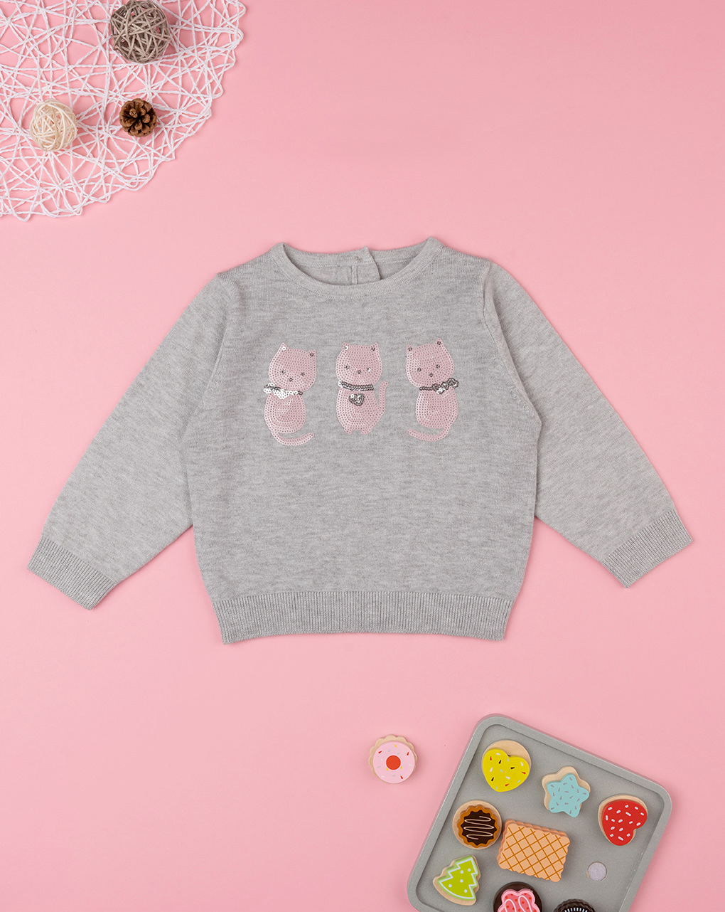 βρεφικό πουλόβερ γκρι με γατάκια για κορίτσι