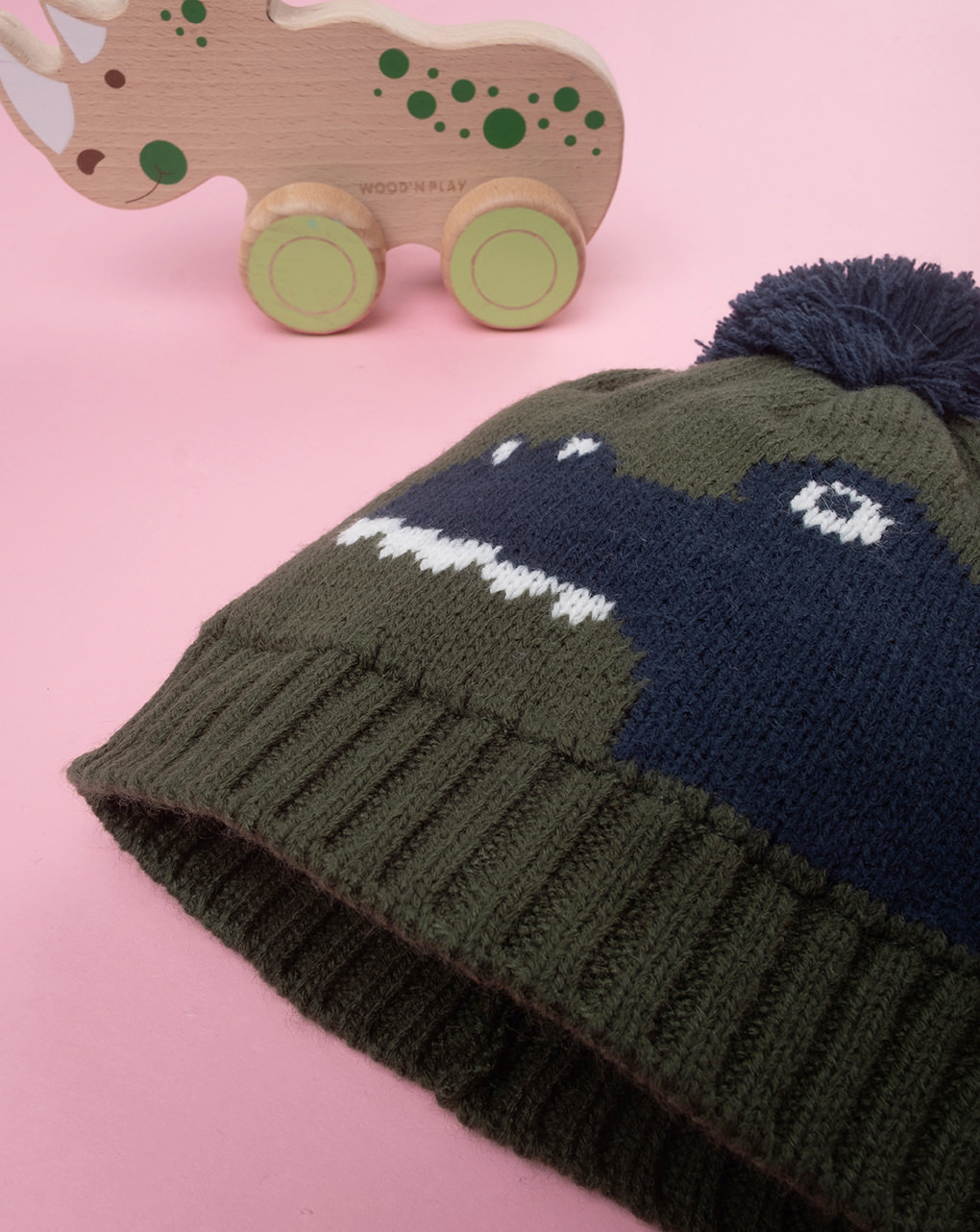βρεφικό πλεκτό σκουφάκι χακί dino για αγόρι - Prénatal