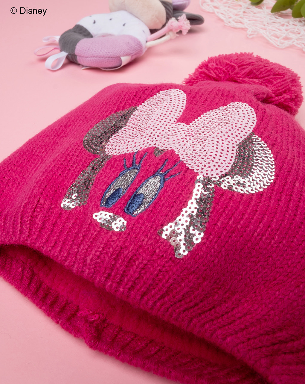 παιδικό πλεκτό σκουφάκι φούξια με τη minnie για κορίτσι - Prénatal