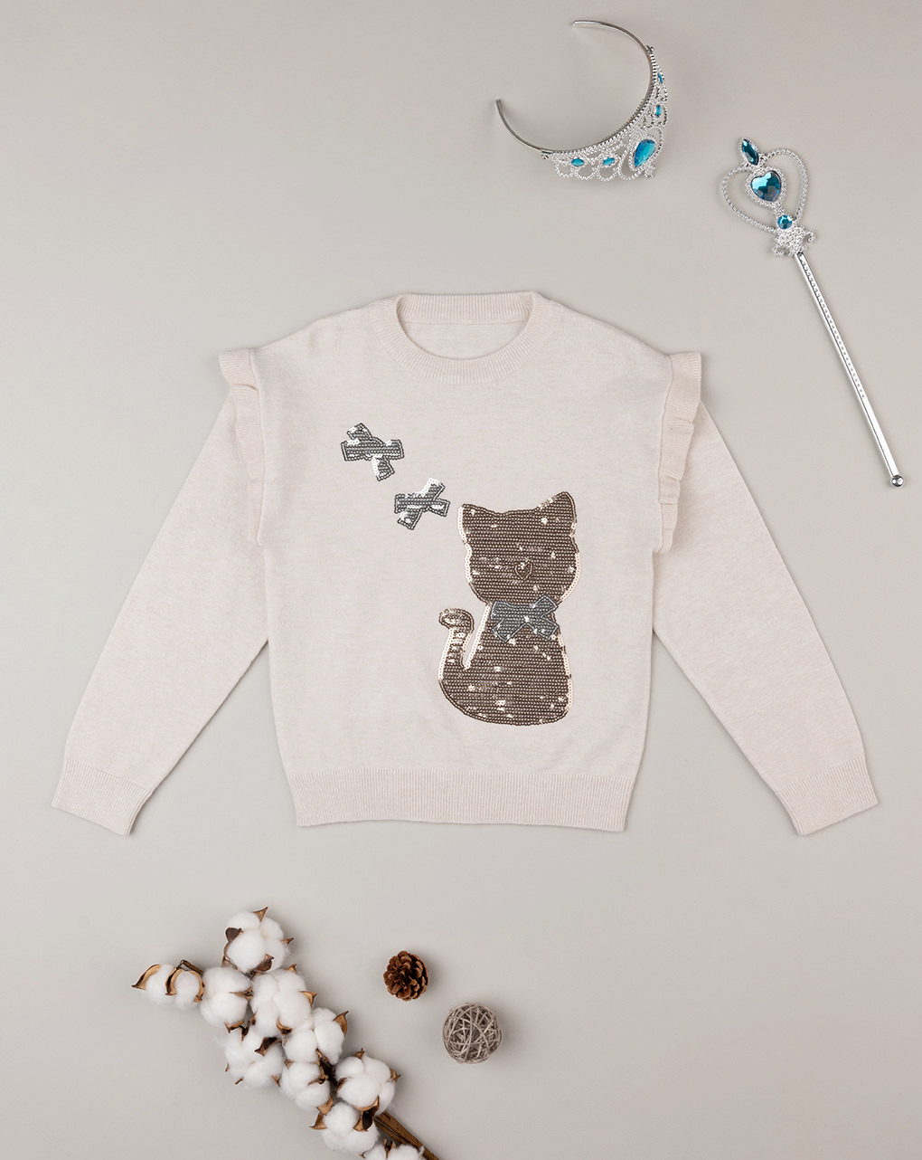 παιδικό πουλόβερ μπεζ με γατάκι για κορίτσι