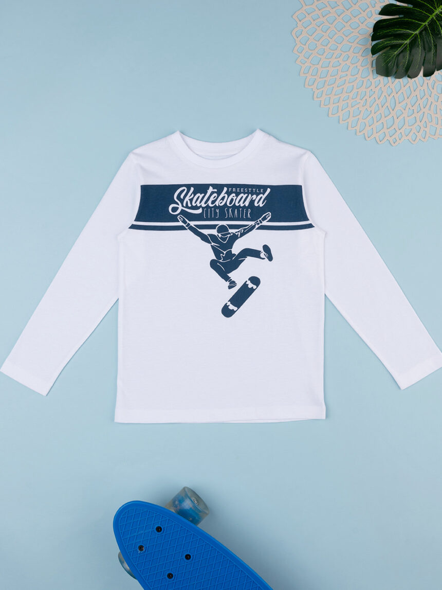 παιδική μπλούζα λευκή skateboard για αγόρι - Prénatal