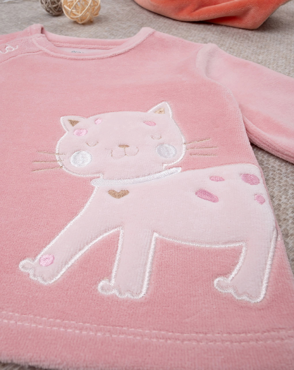 βρεφικό σετ σενίλ ροζ μπλούζα/παντελόνι με γατάκι για κορίτσι - Prénatal