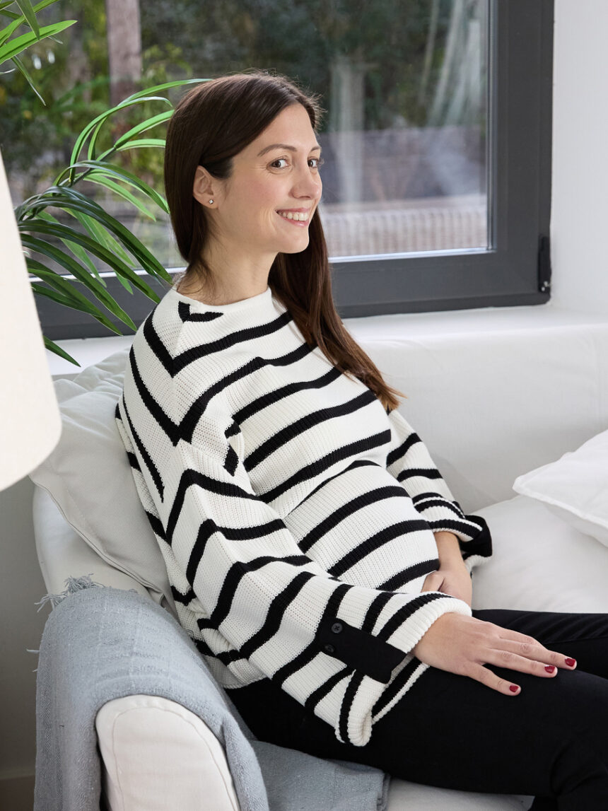 γυναικείο πουλόβερ εγκυμοσύνης ριγέ μαύρο/λευκό - Prénatal