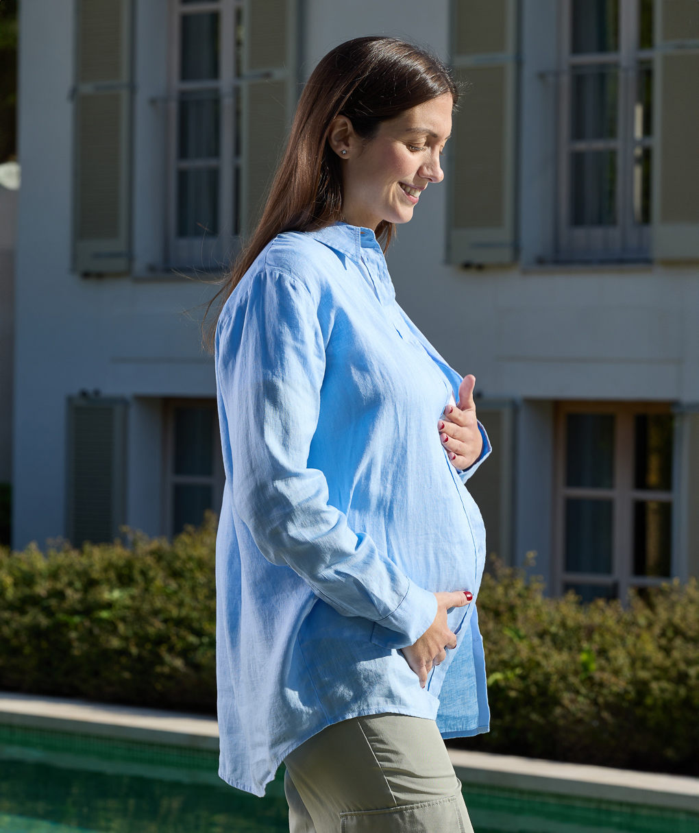 γυναικείο πουκάμισο εγκυμοσύνης/θηλασμού λινό γαλάζιο - Prénatal