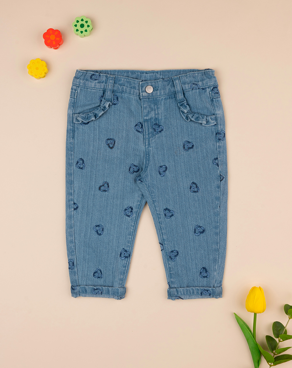 βρεφικό τζιν παντελόνι μπλε με καρδούλες για κορίτσι