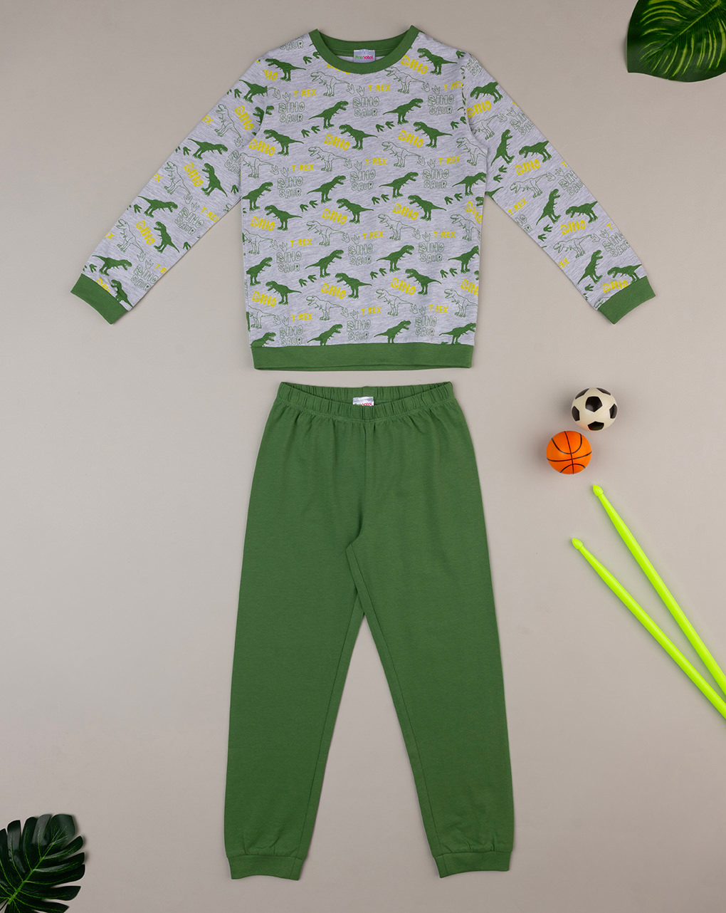 παιδική πιτζάμα γκρι/πράσινη με δεινόσαυρους για αγόρι