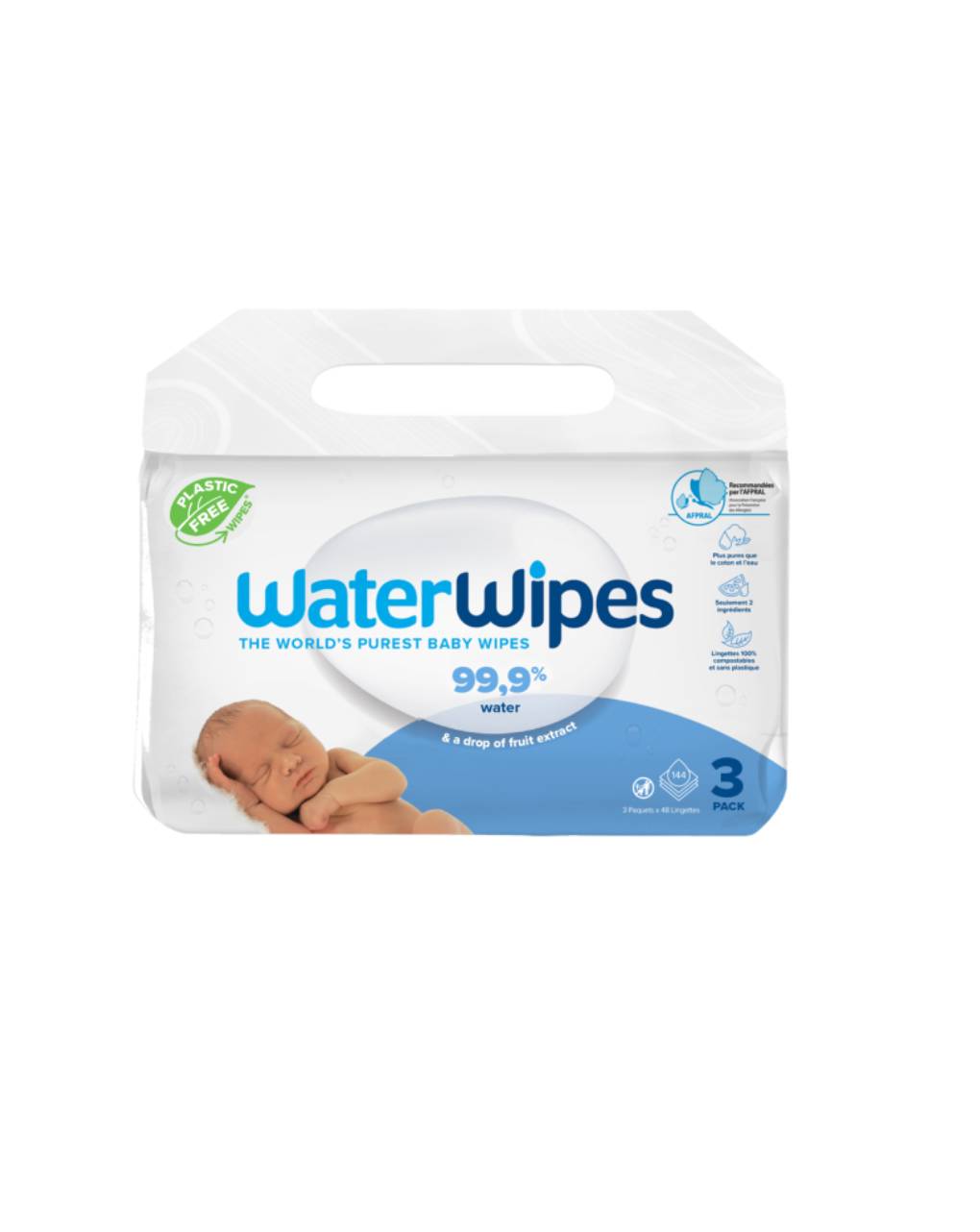 Waterwipes, 100% plastic-free άοσμα μωρομάντηλα, 99.9% νερό, πακέτο προσφοράς bio μαντηλάκια 3x48 ib/420118 - WaterWipes
