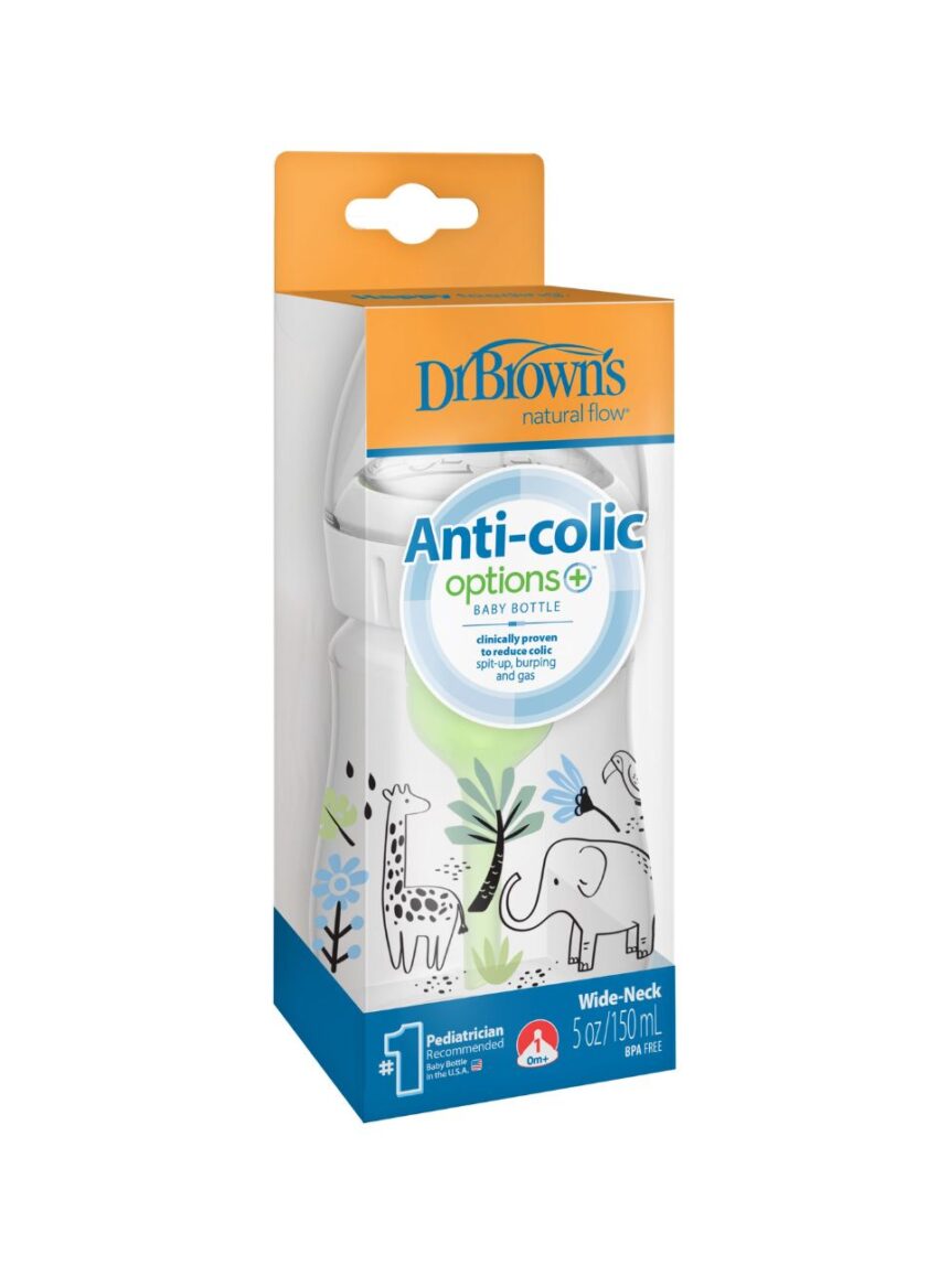 Dr. brown's options+ πλαστικό μπιμπερό με φαρδύ λαιμό & anti-colic ελέφαντας 150ml 112.70.1hc.387 - Dr Browns