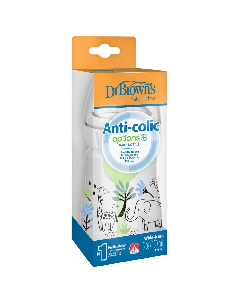 Dr. brown's options+ πλαστικό μπιμπερό με φαρδύ λαιμό & anti-colic ελέφαντας 150ml 112.70.1hc.387 - Dr Browns