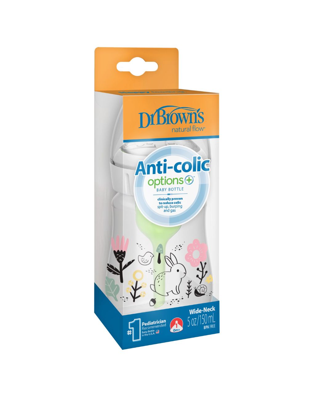 Dr. brown's options+ πλαστικό μπιμπερό με φαρδύ λαιμό & anti-colic λαγουδάκι 150ml 112.70.1hc.388 - Dr Browns