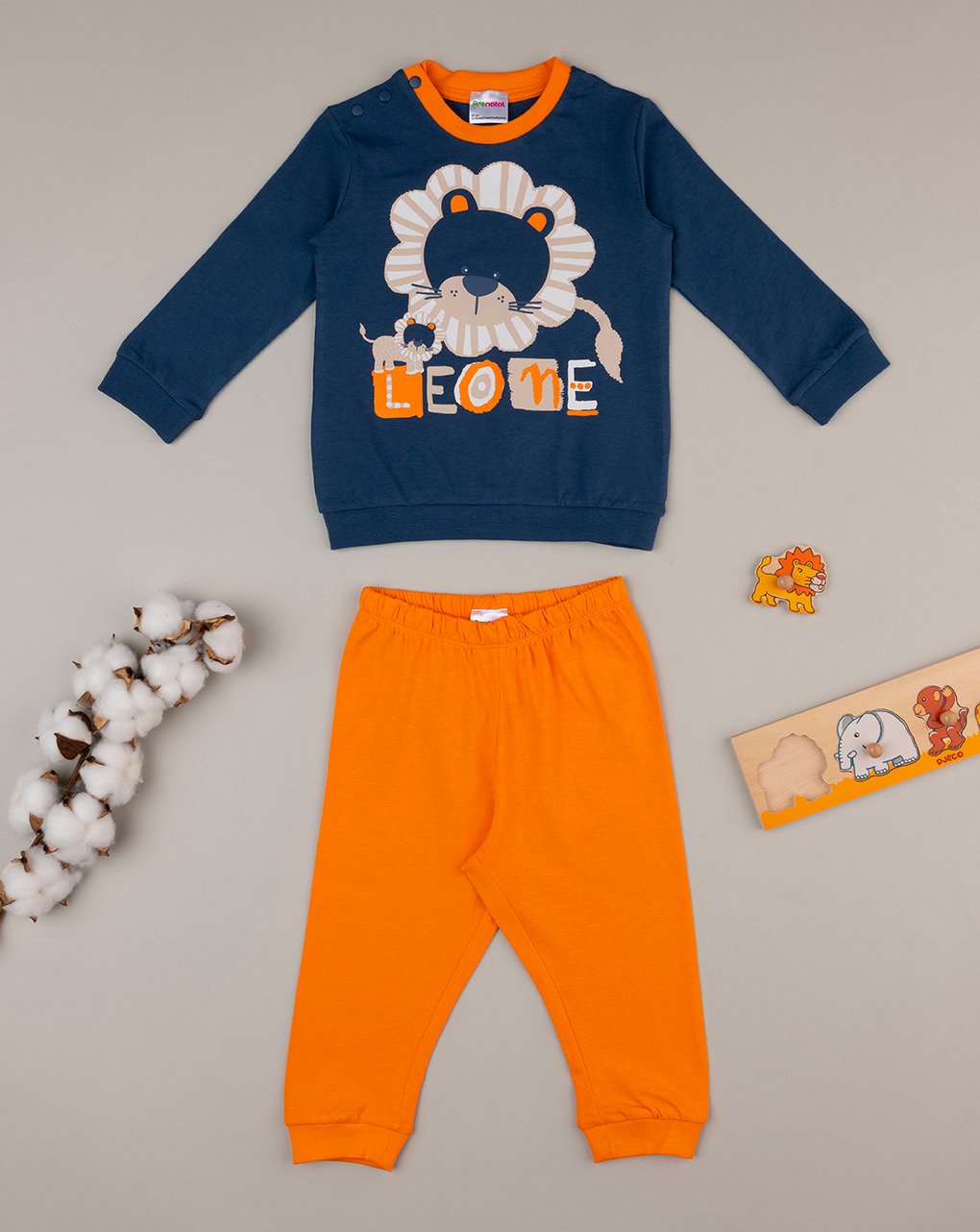 βρεφική πιτζάμα μπλε/πορτοκαλί με λιοντάρι για αγόρι