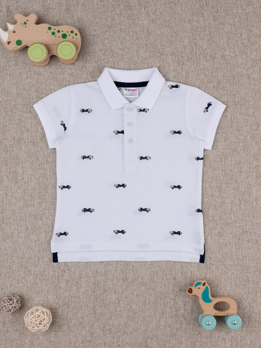 βρεφικό t-shirt πόλο πικέ λευκό με αυτοκινητάκια για αγόρι - Prénatal