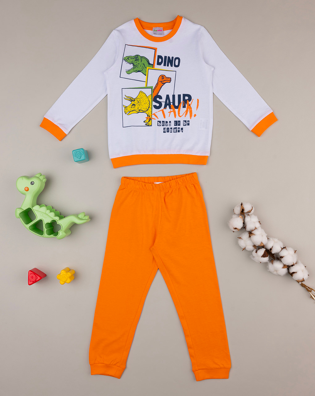 παιδική πιτζάμα λευκη/πορτοκαλί με δεινόσαυρους για αγόρι