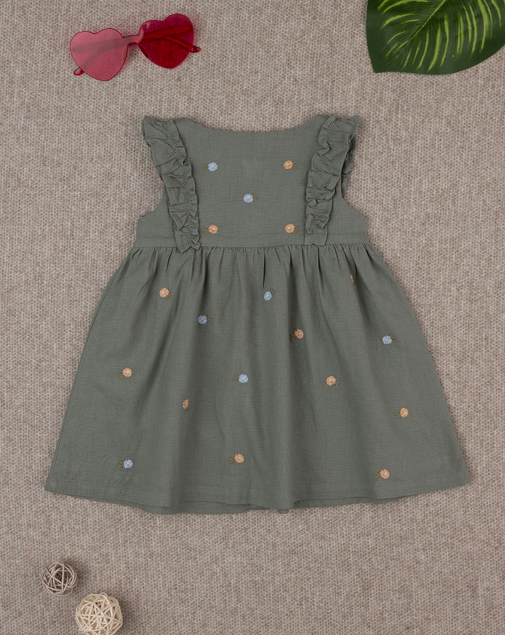 βρεφικό φόρεμα λινό χακί με λουλούδια για κορίτσι - Prénatal