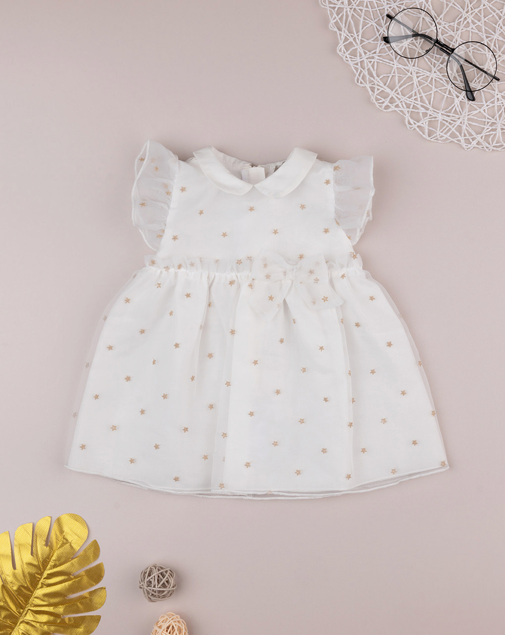 βρεφικό φόρεμα λευκό από οργάντζα με αστεράκια για κορίτσι - Prénatal