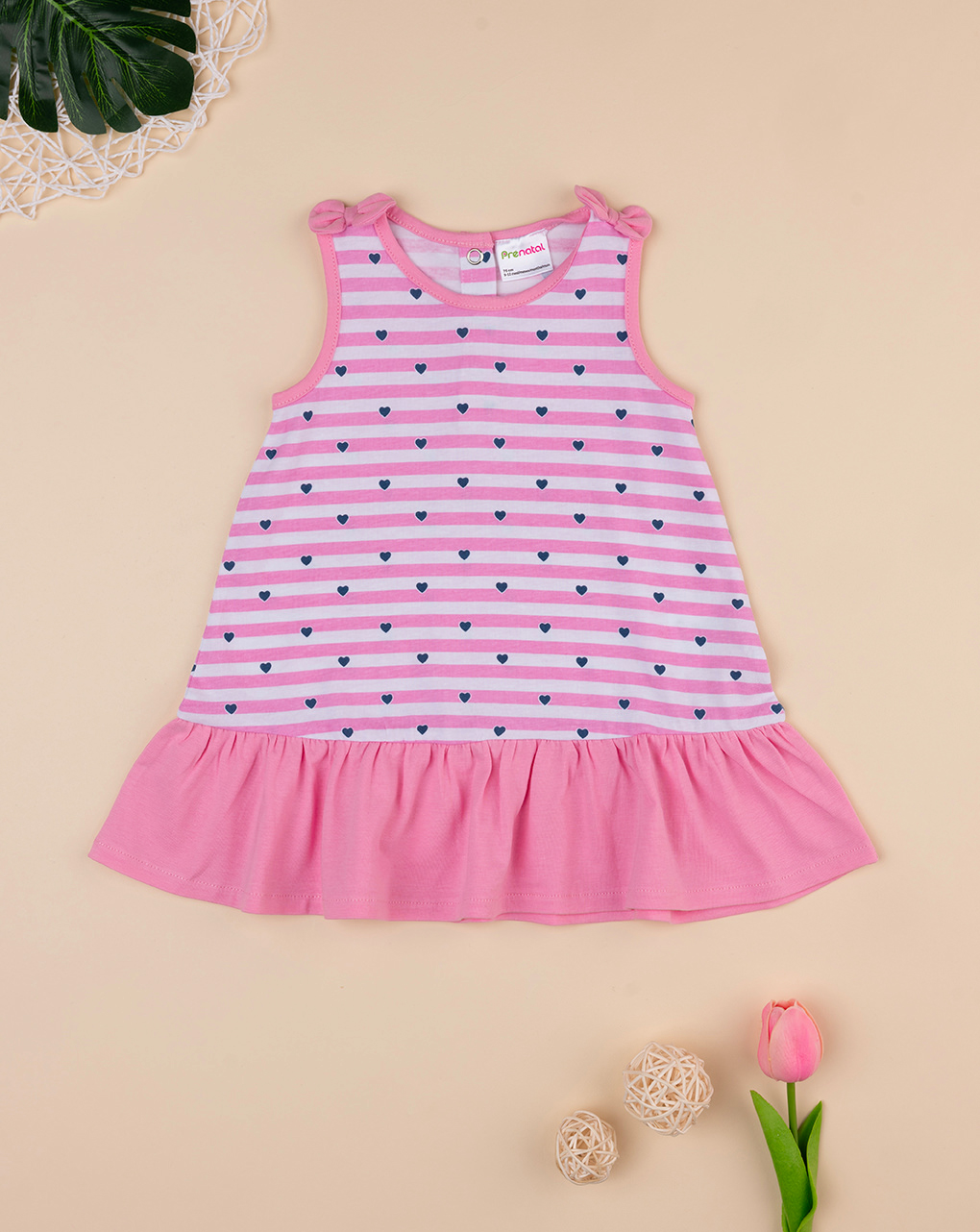 βρεφικό φόρεμα ριγέ ροζ/λευκό με καρδούλες για κορίτσι - Prénatal
