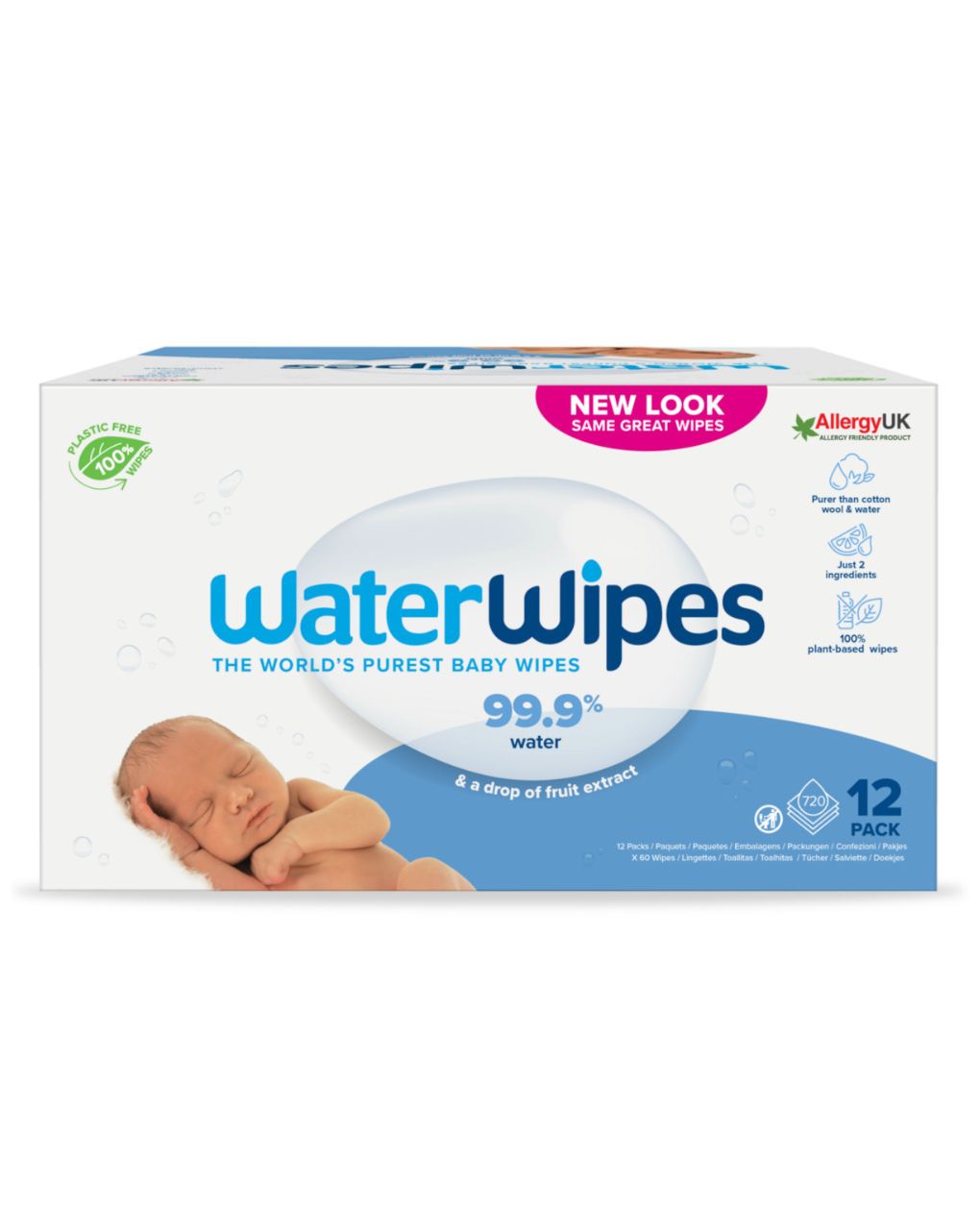 Waterwipes, monthly pack, 100% plastic-free άοσμα μωρομάντηλα, 99.9% νερό, 12x60τμχ ib/420036