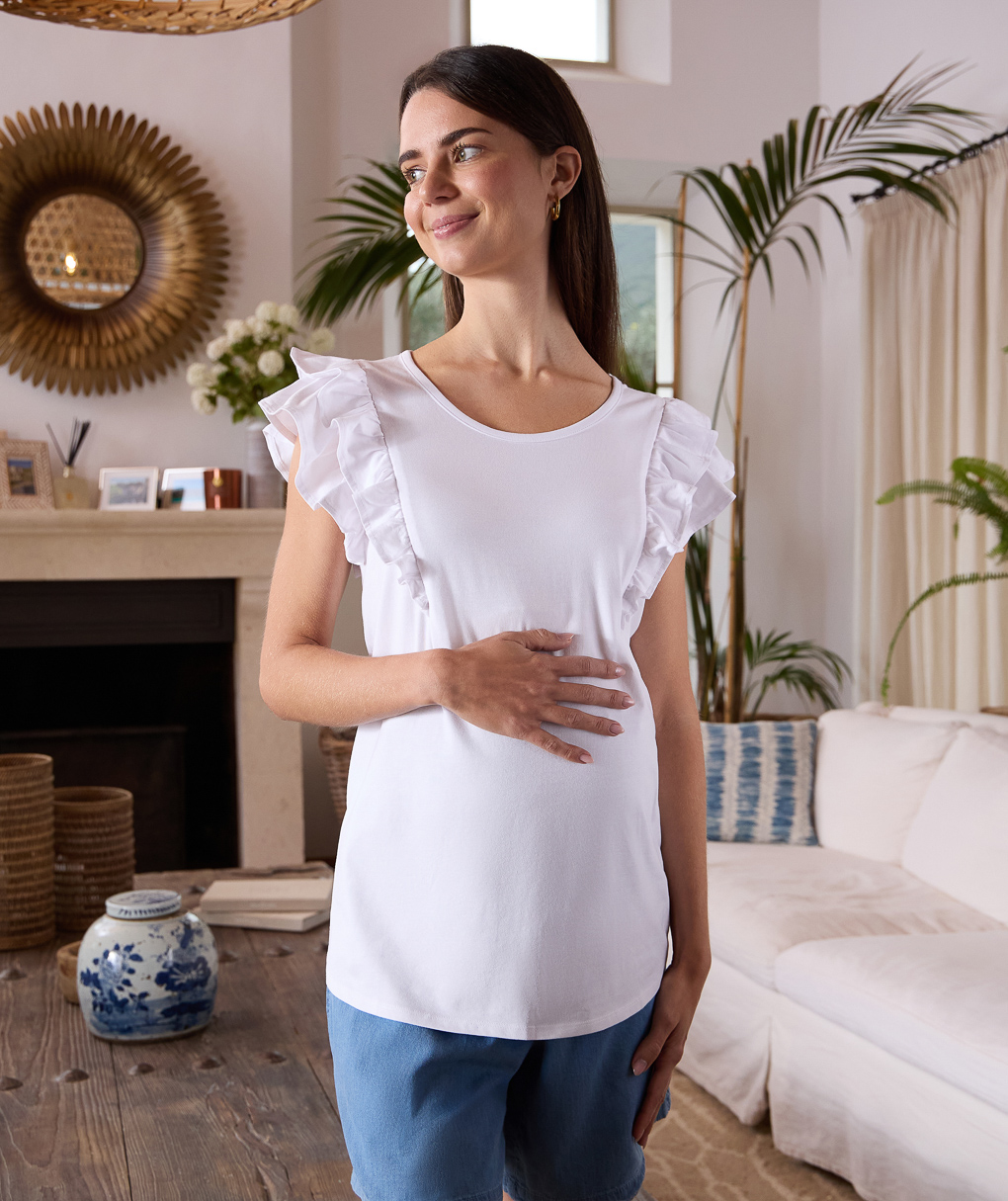 γυναικεία μπλούζα εγκυμοσύνης/θηλασμού λευκή με βολάν - Prénatal