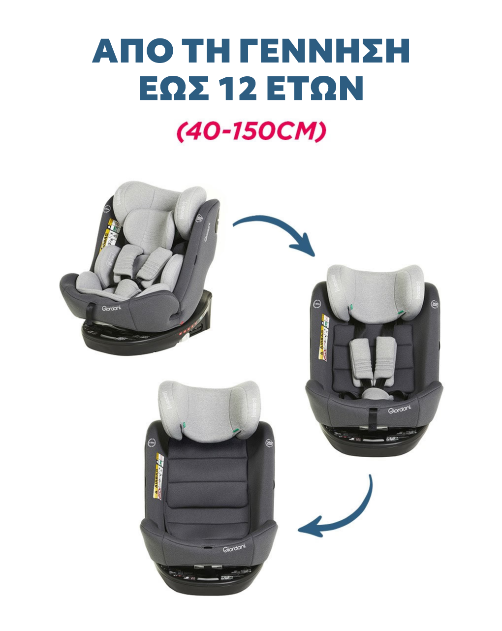 Giordani κάθισμα αυτοκινήτου titano i-size (40-150εκ) 360o isofix γκρι ανοιχτό - Giordani