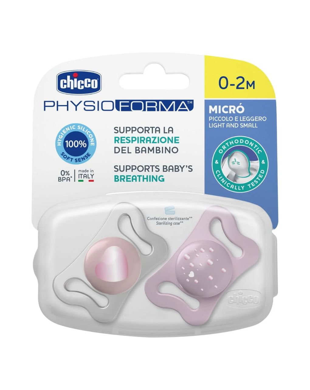 Chicco σετ πιπίλες 2 τμχ physioforma micro 0-2m, ροζ - Chicco