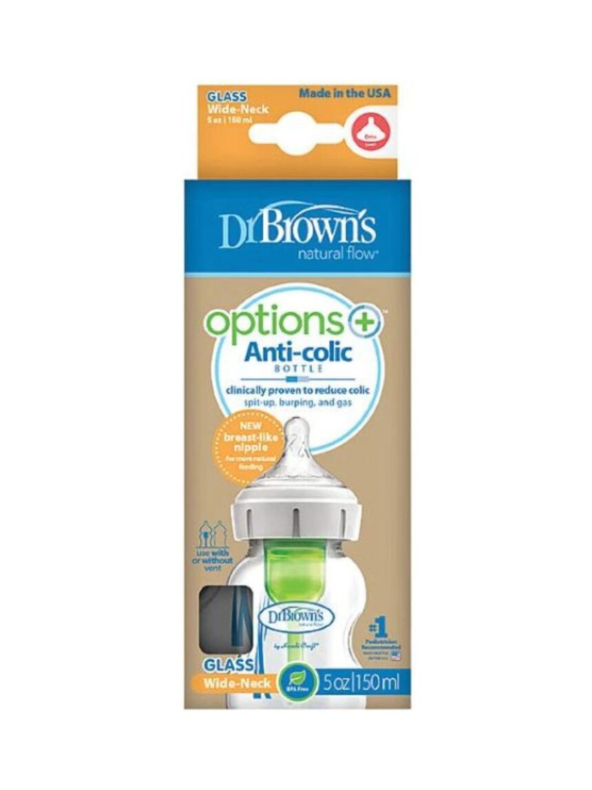 Dr. brown's options+ γυάλινο μπιμπερό με φαρδύ λαιμό & θηλή σιλικόνης 150ml wb51730 - Dr Browns