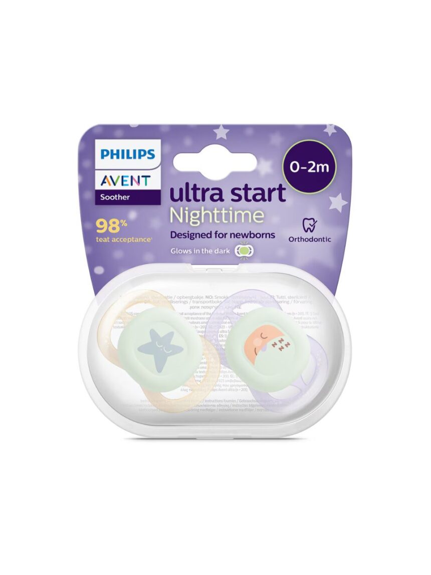 Philips avent πιπίλα ultra start nighttime 2τμχ 0-2 μηνών μωβ/πορτοκαλί με σχέδιο  scf075/07 - Philips Avent