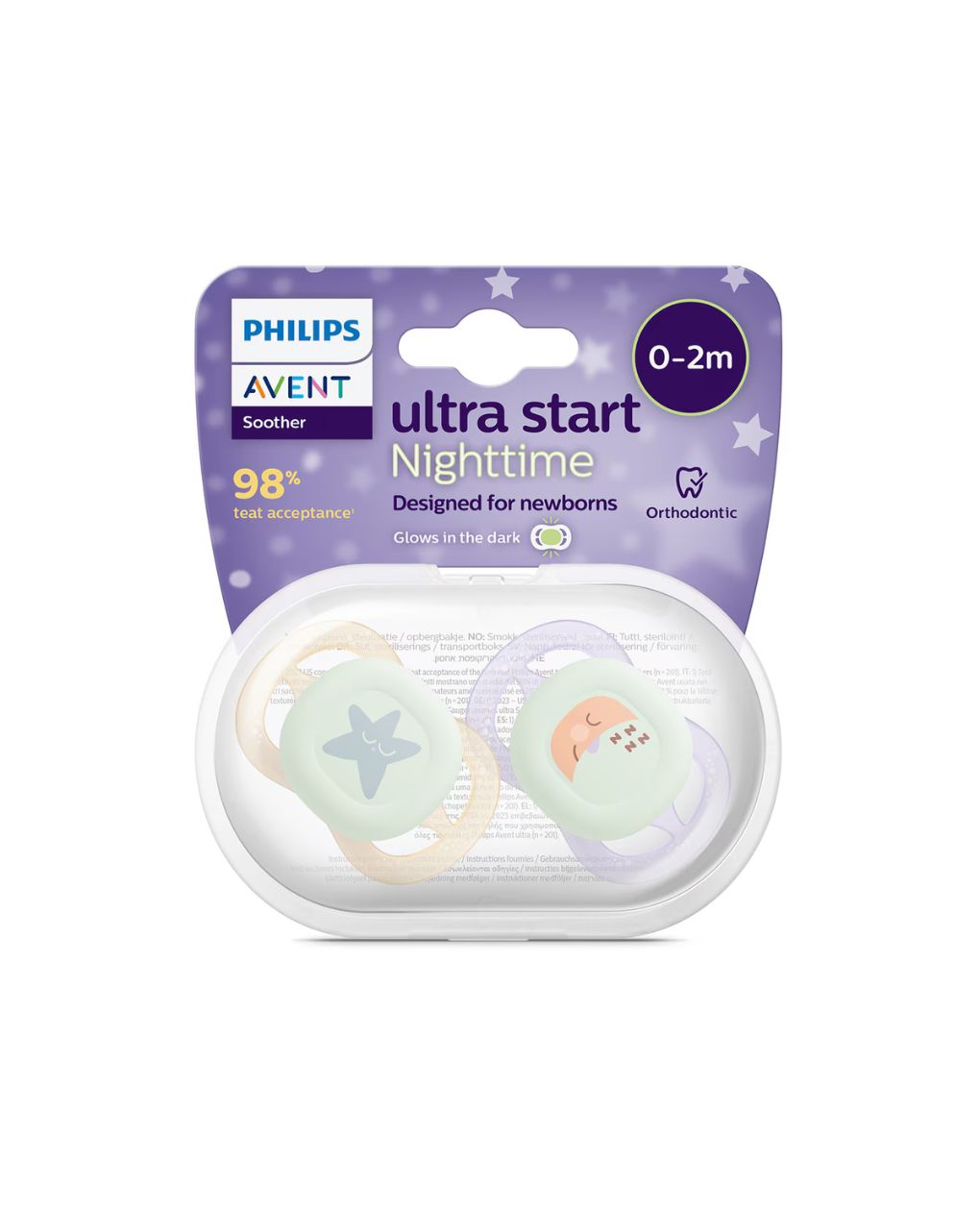 Philips avent πιπίλα ultra start nighttime 2τμχ 0-2 μηνών μωβ/πορτοκαλί με σχέδιο  scf075/07 - Philips Avent