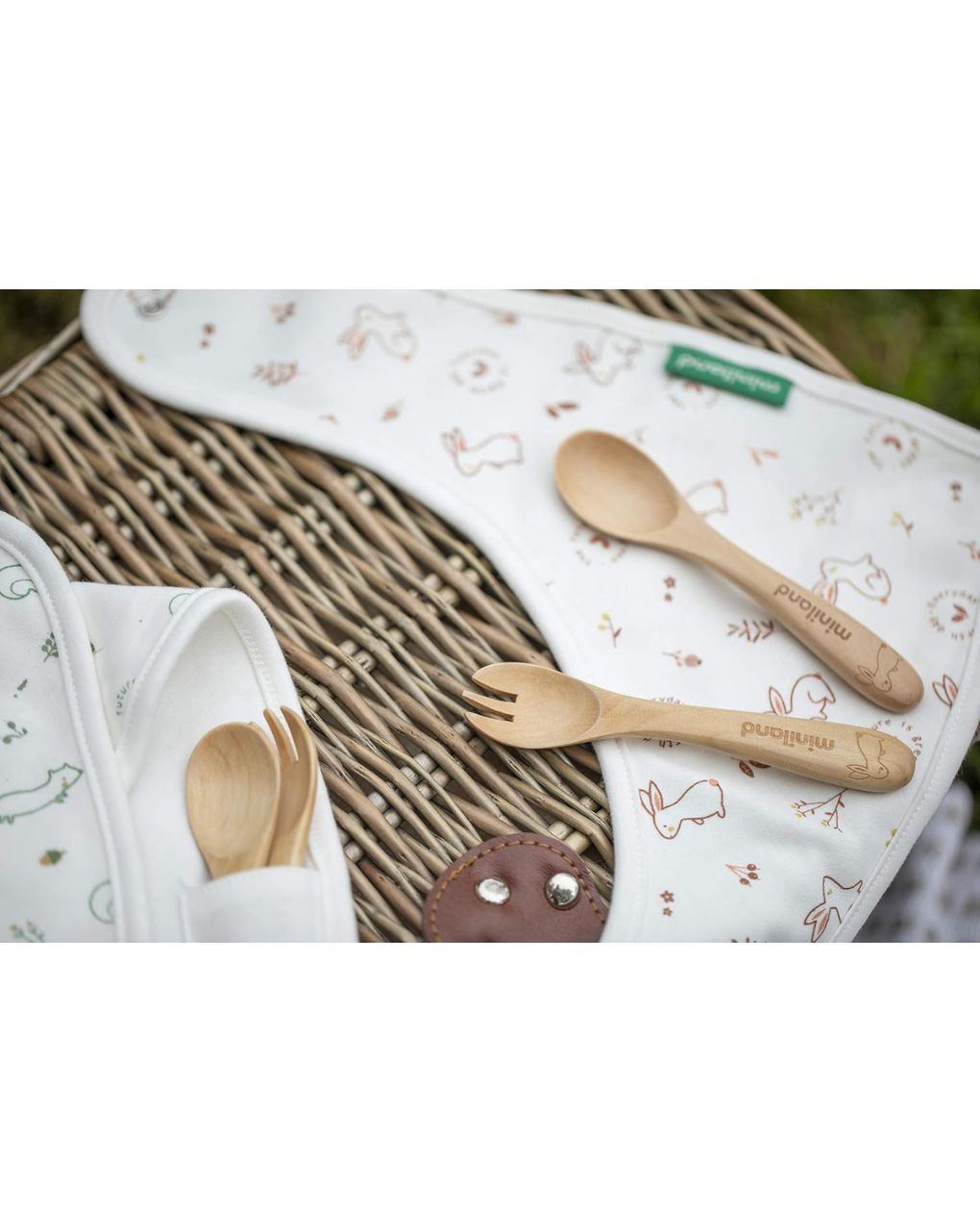 Miniland σετ 3τμχ κουτάλι-πιρούνι-σαλιάρα natur picneat bunny ml89317 - Miniland