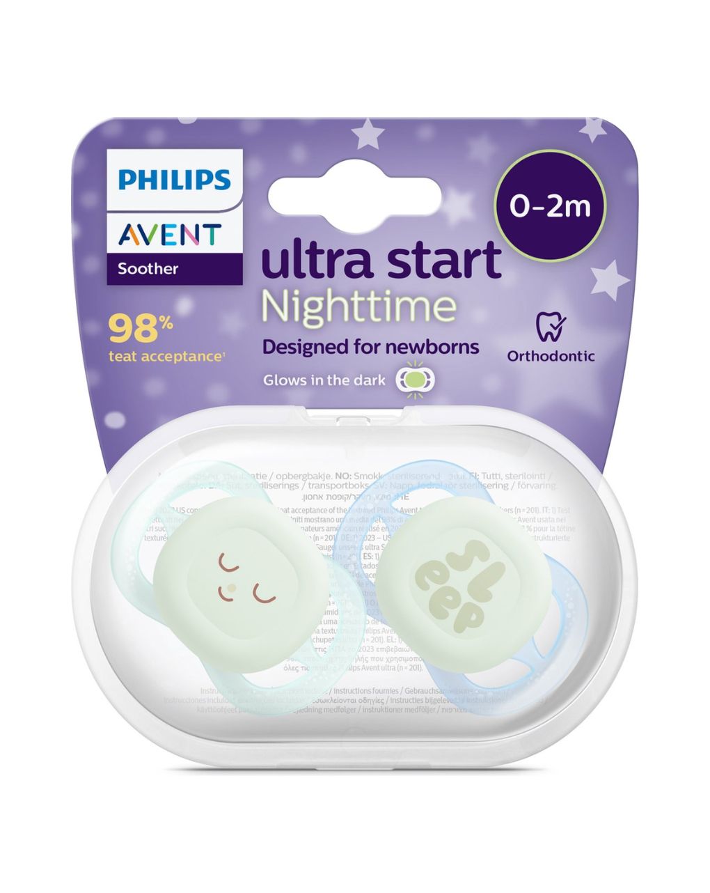 Philips avent πιπίλα ultra start nighttime 2τμχ 0-2 μηνών πράσινο/μπλε με σχέδιο scf075/08 - Philips Avent