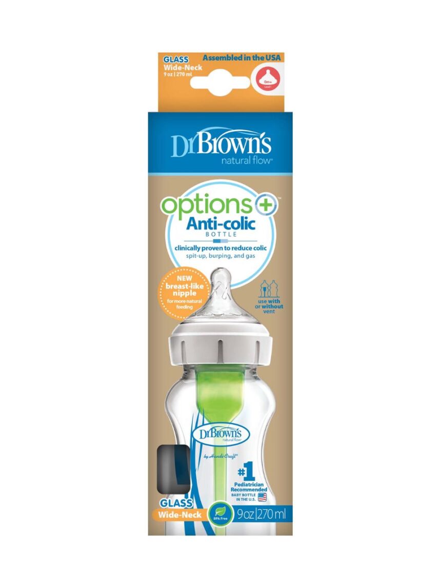 Dr. brown's options+ γυάλινο μπιμπερό με φαρδύ λαιμό & θηλή σιλικόνης 270ml wb91740 - Dr Browns