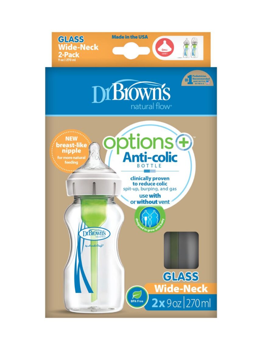 Dr. brown's options+ γυάλινο μπιμπερό με φαρδύ λαιμό & θηλή σιλικόνης 2x270ml wb92740 - Dr Browns