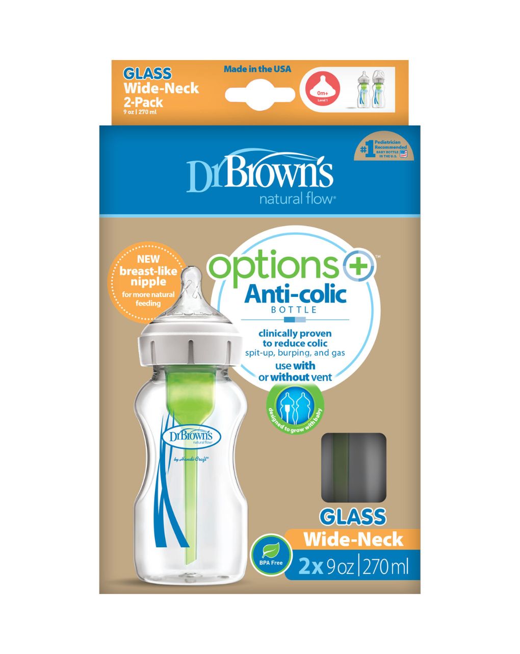 Dr. brown's options+ γυάλινο μπιμπερό με φαρδύ λαιμό & θηλή σιλικόνης 2x270ml wb92740 - Dr Browns