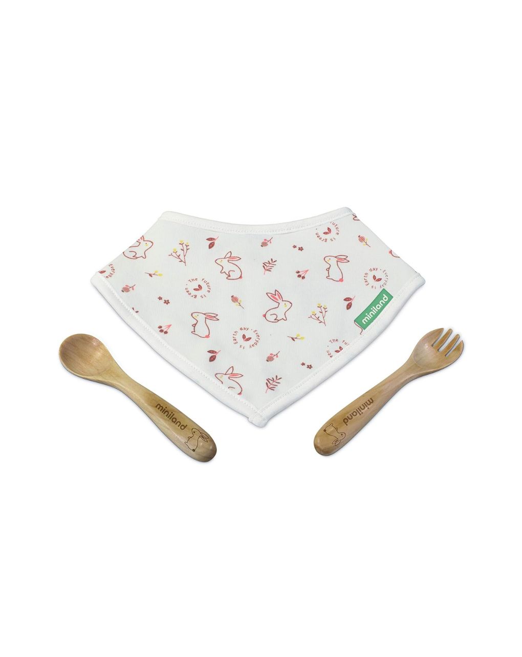 Miniland σετ 3τμχ κουτάλι-πιρούνι-σαλιάρα natur picneat bunny ml89317